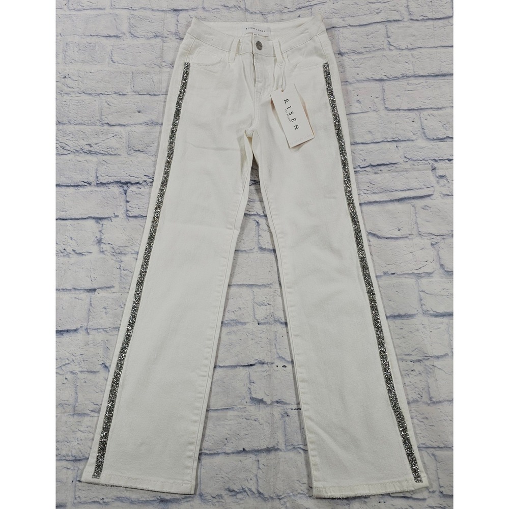 Risen Straight Leg Jeans Women 0/24 White Rhinestone Stripe Raw Hem Glam